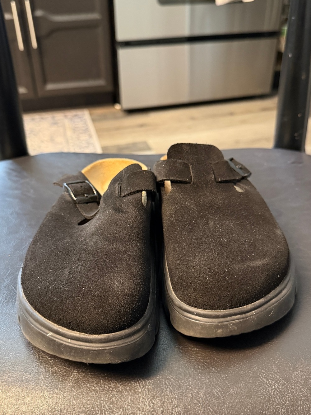 Birkenstock Black Suede Clog Mules with Buckle
